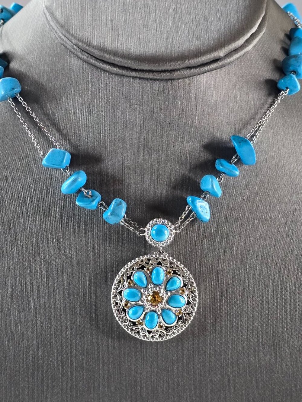 Womens Vintage Estate Sterling Silver Necklace & Turquoise Pendant 29.4g E4059